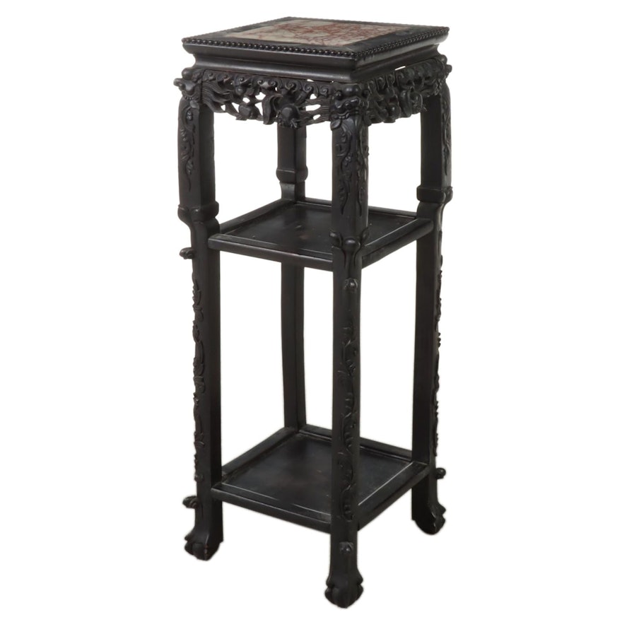 Chinese Ebonized Carved Rosewood Plant Stand with Inset Marble Top