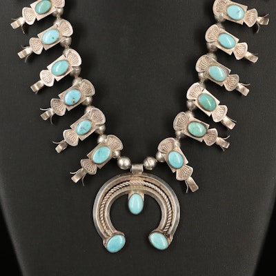 Southwestern Sterling Turquoise Squash Blossom Necklace