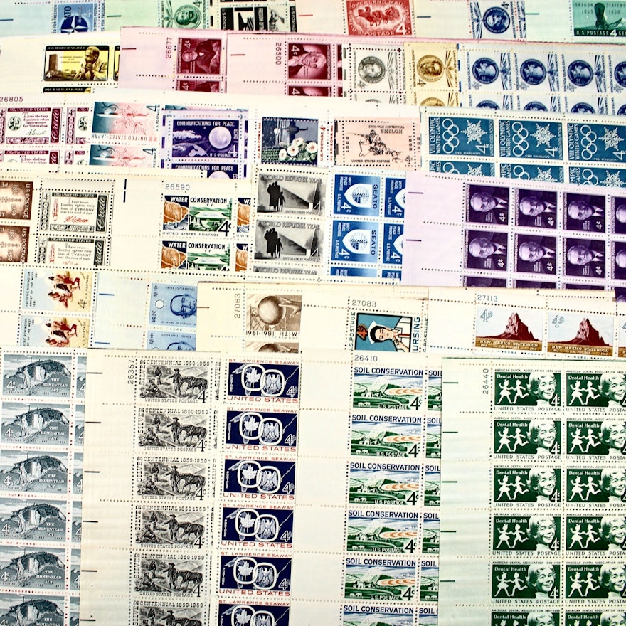 Fifty-Nine Different 4-Cent U.S. Postage Stamp Sheets, 1950s to 1960s
