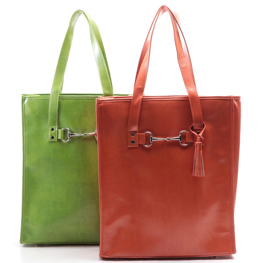 Toss Designs Horsebit Tote Bags in Green and Orange Faux Lizard Skin