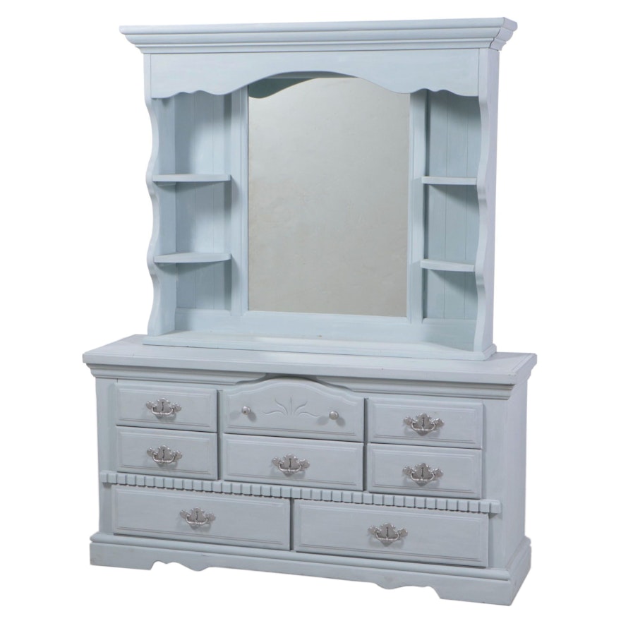 Light Blue-Painted Wood Dresser With Mirror