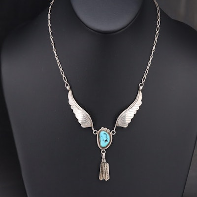 Southwestern Artist Signed Sterling Turquoise Feather Necklace