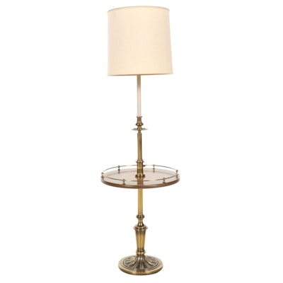 Brass and Burl Finish Floor Lamp With Integrated Table, Mid-20th Century