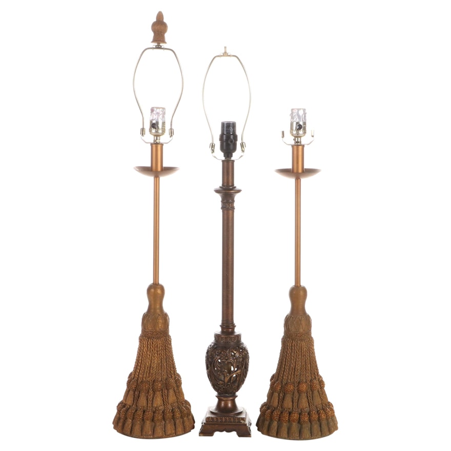 Patinated Composite Tassel Form Table Lamps with Openwork Urn Buffet Lamp