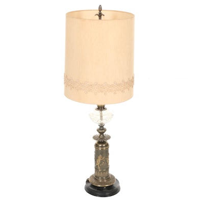 Bas-Relief Brass and Glass Table Lamp With Drum Shade, Mid to Late 20th Century