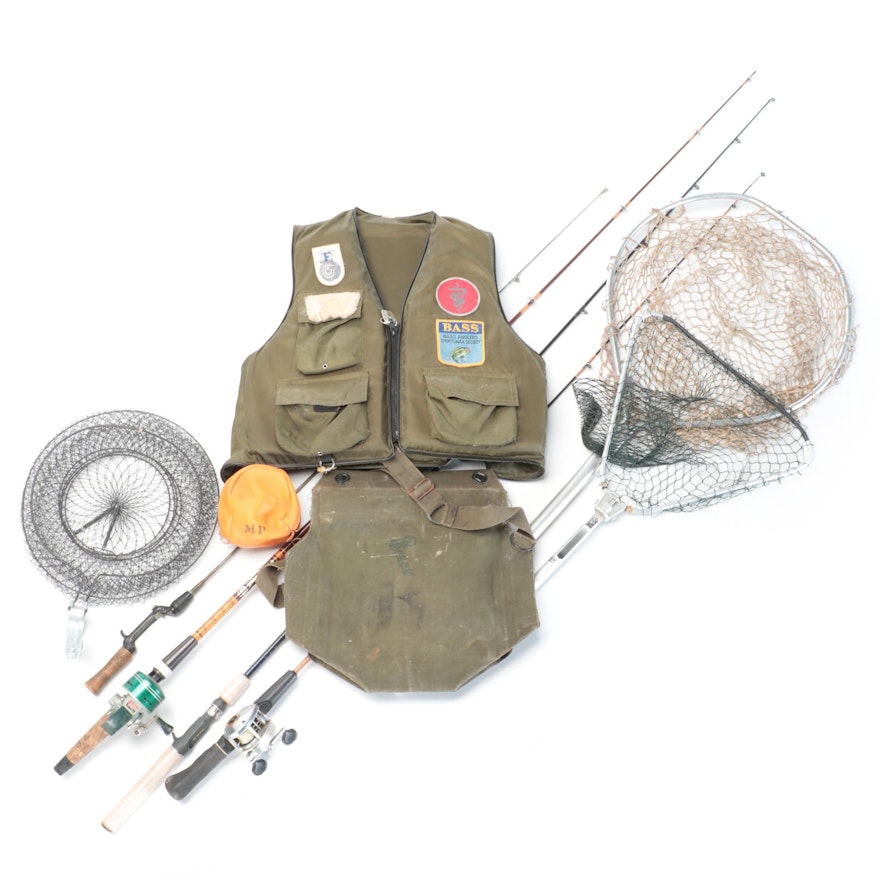 Bass Fishing Gear with Fishing Rods, Nets and Vest