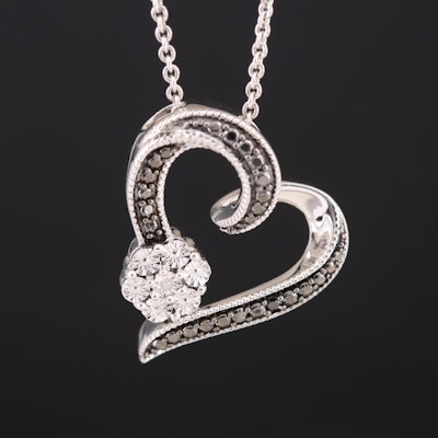 Sterling  Diamond Heart and Flower Pendant Necklace