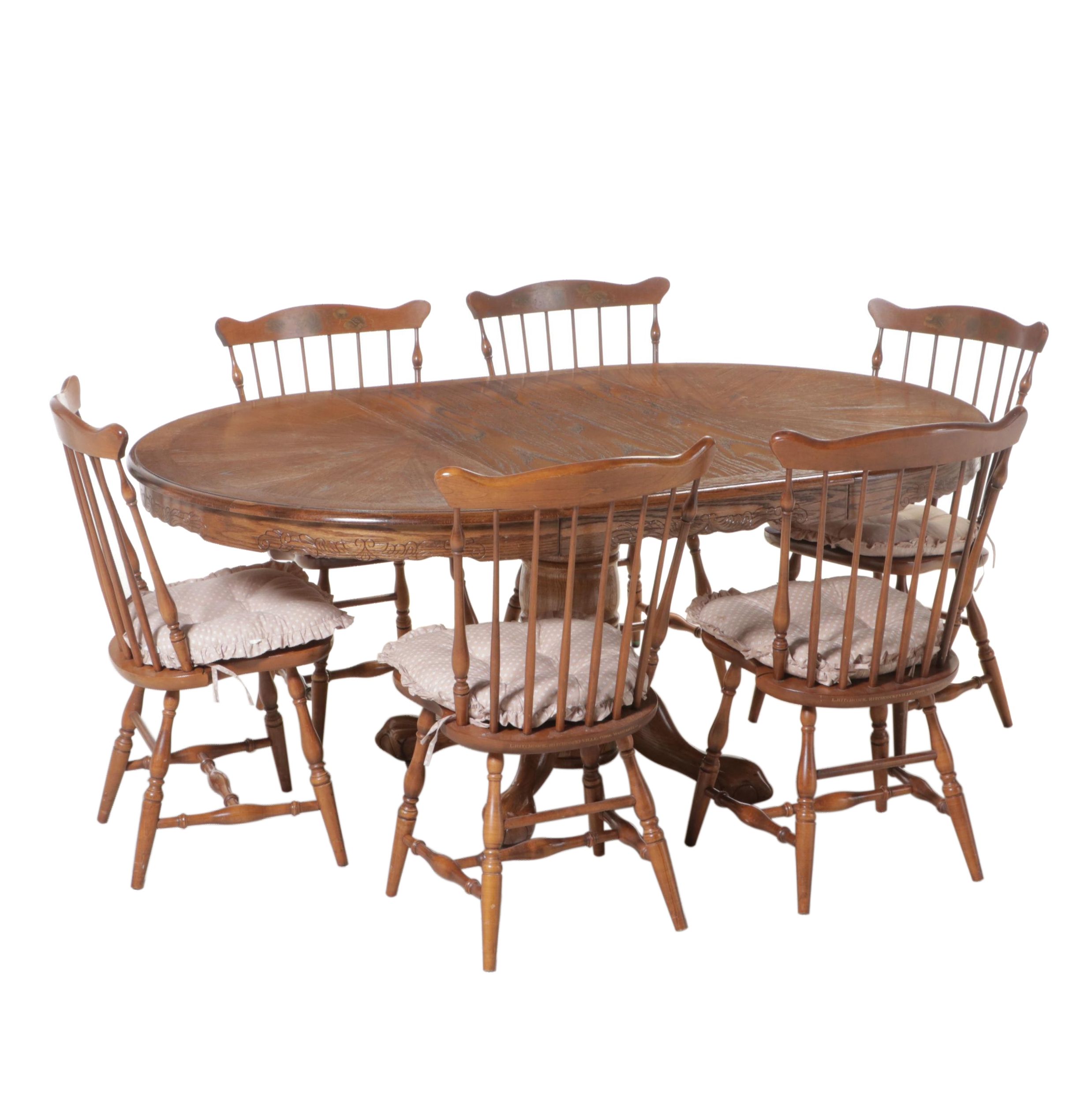 Assembled Oak and Maple Dining Set with Pedestal Table and Six Chairs