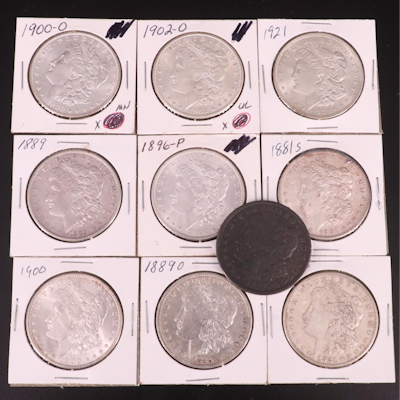Ten Morgan Silver Dollars Including a 1921-D