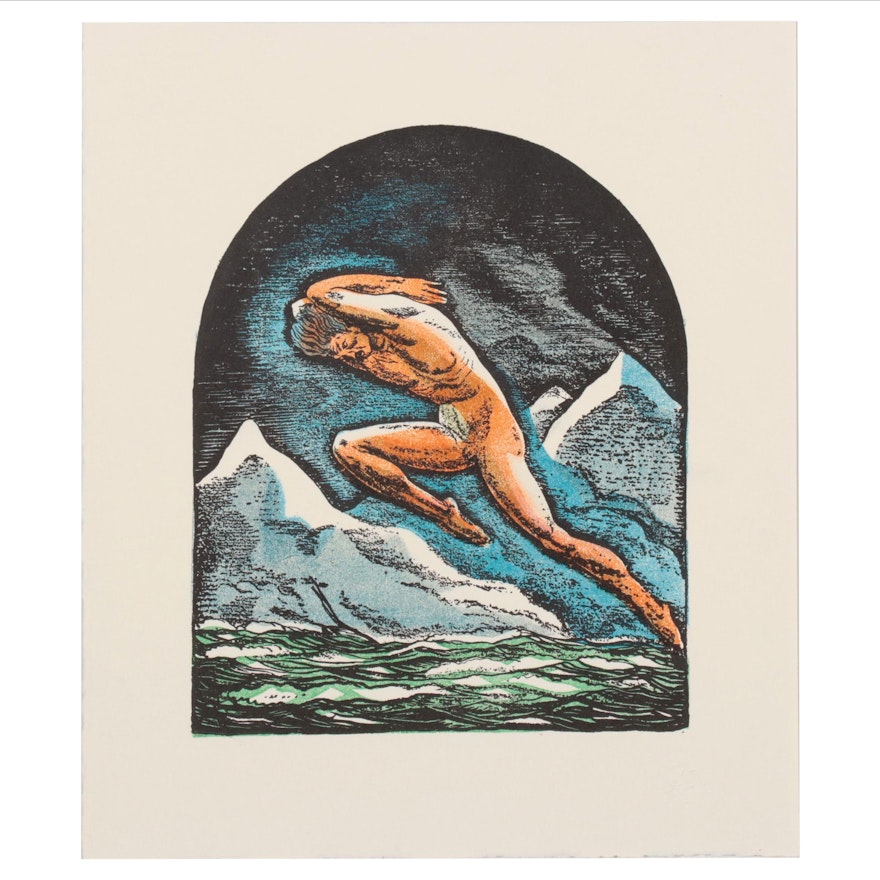 Linocut After Rockwell Kent "North Wind," 1978