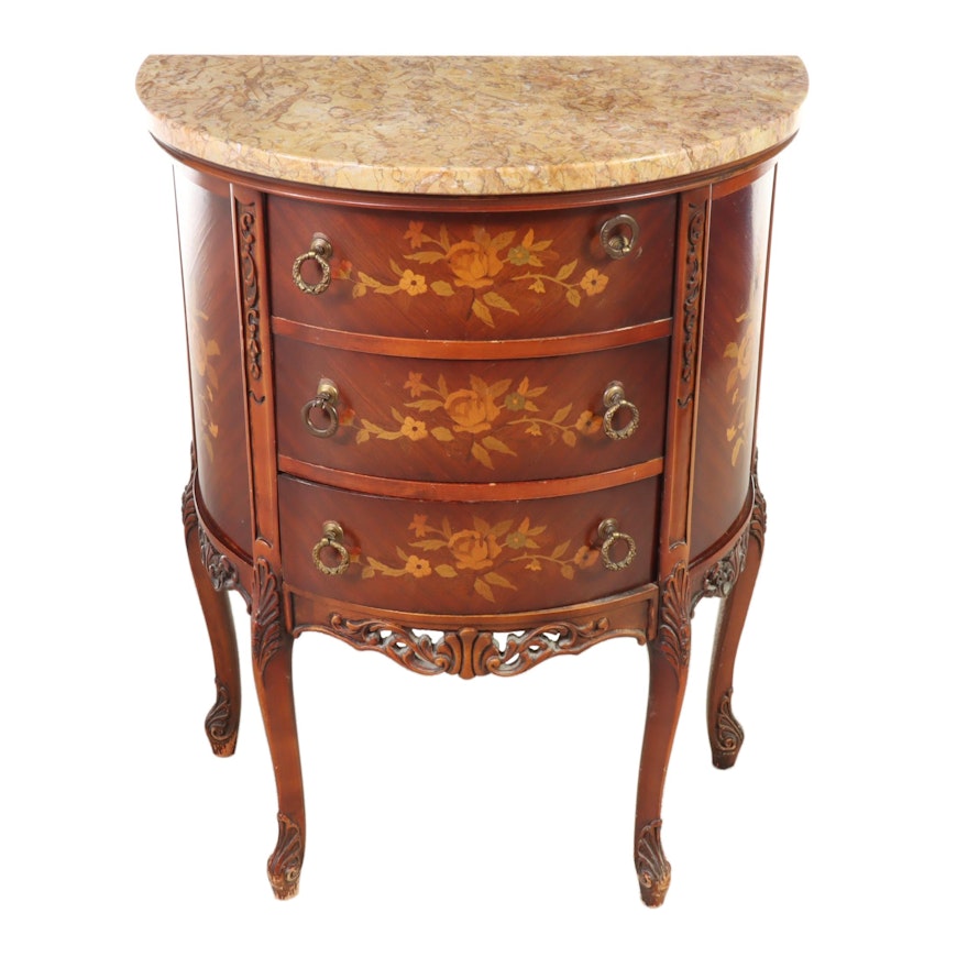 Louis XV Style Marquetry and Marble Top Demilune Petite Commode, 20th Century