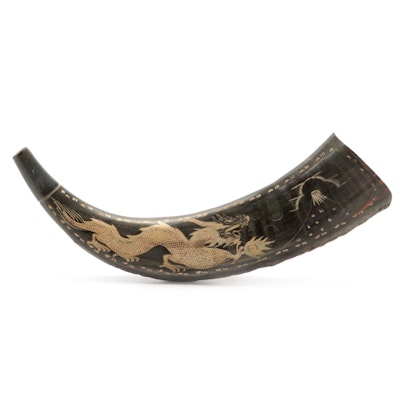 Asian Ox Horn with Engraved Dragon Chasing Flaming Pearl