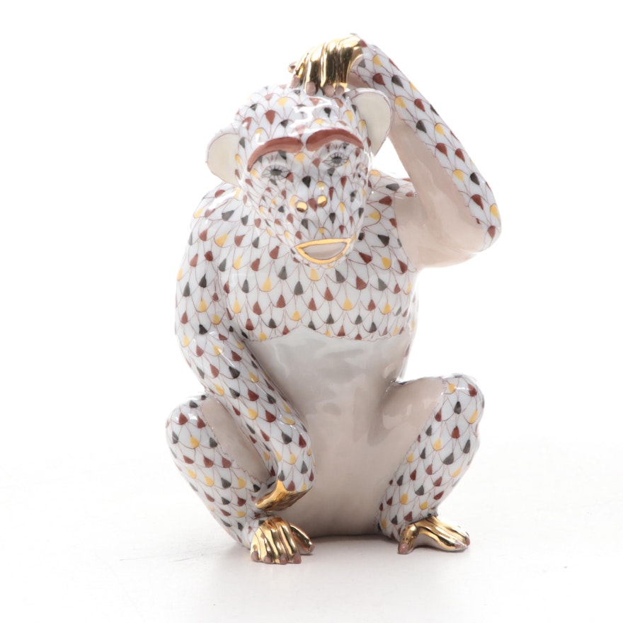 Herend Tri-Color Fishnet with Gold "Scratching Chimpanzee" Porcelain Figurine