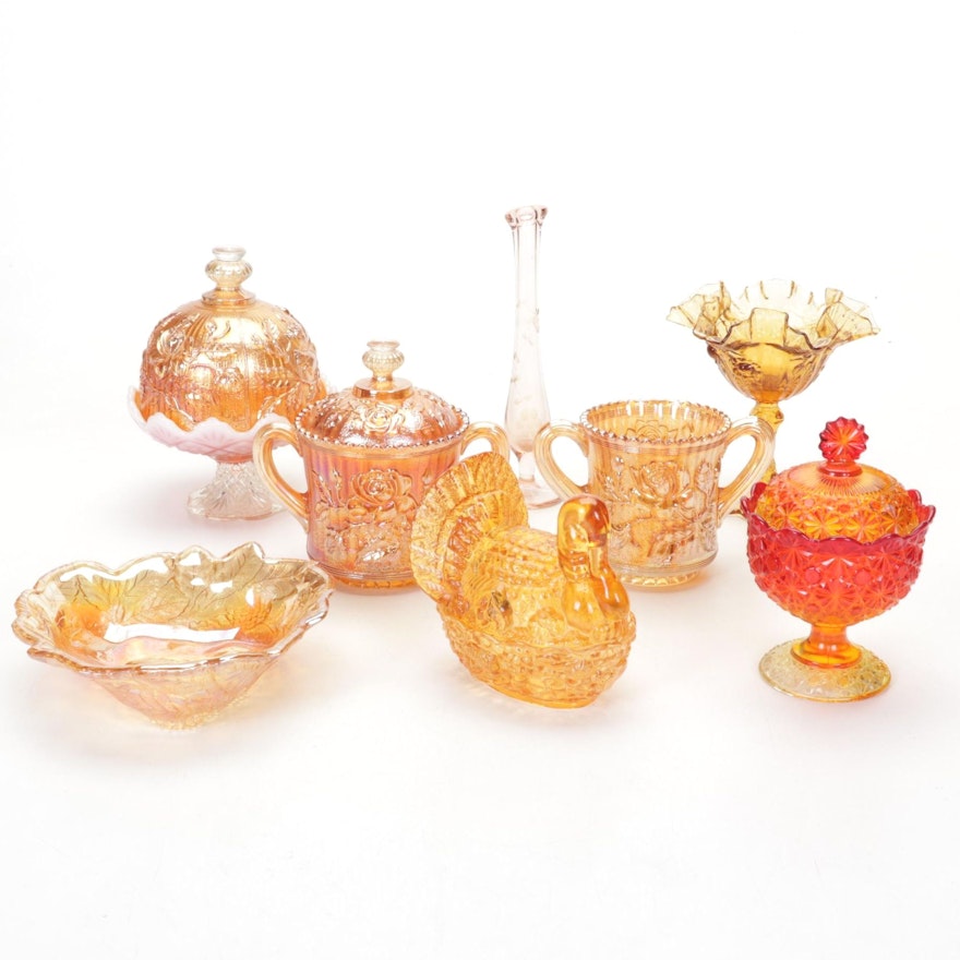 Amberina, Marigold Carnival Glass With Yellow Crystal Turkey on Nest