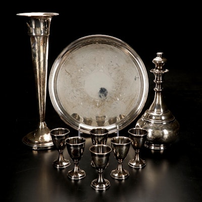 Engraved Sterling Silver Cordial Set and Trumpet Vase, 20th Century