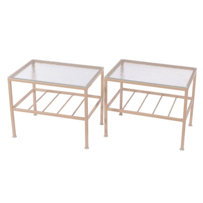 Pair of Painted Metal and Tempered Glass Top Patio Side Tables