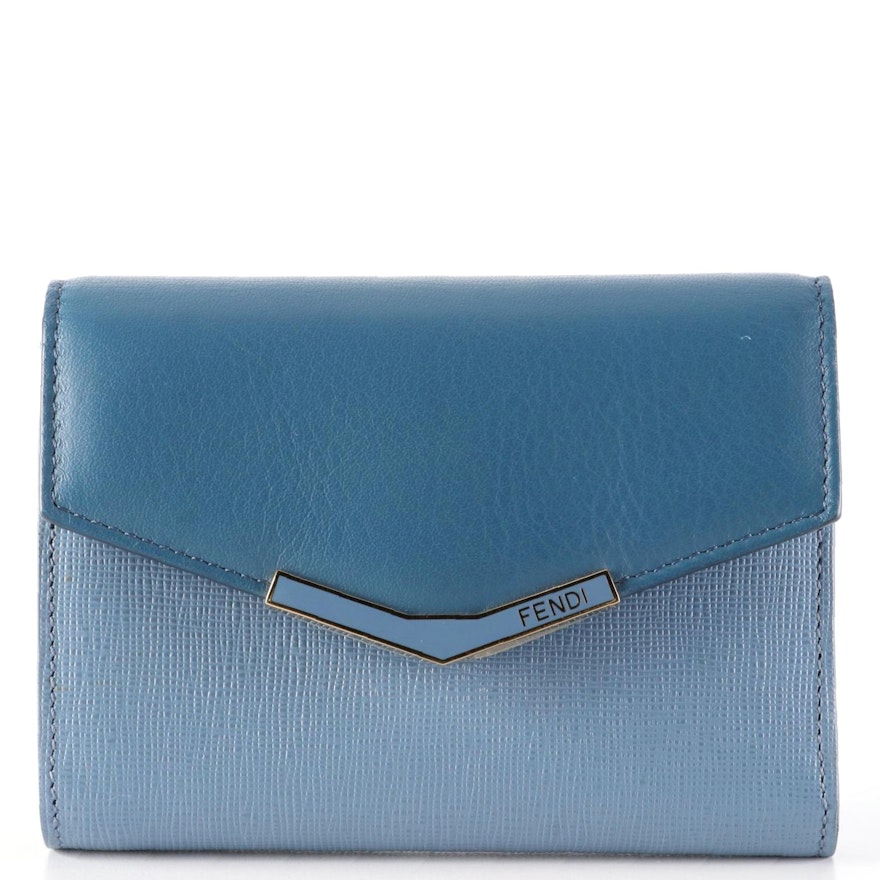 Fendi Trifold Wallet in Blue Grained and Cross Grain Textured Leather