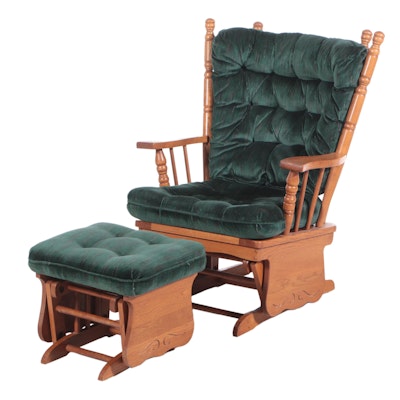 High-Back Glider and Footstool with Green Tufted Cushions