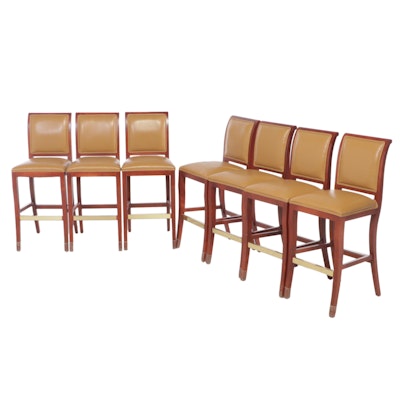 Seven Shelby Williams Wooden and Vinyl-Upholstered Counter Stools