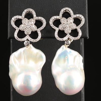 14K Baroque Pearl and 1.00 CTW Diamond Floral Earrings with GIA Report