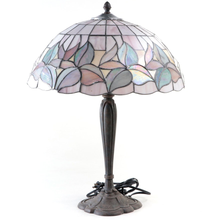 Art Nouveau Pink Iridescent Leaded Slag Glass Table Lamp, Late 20th Century