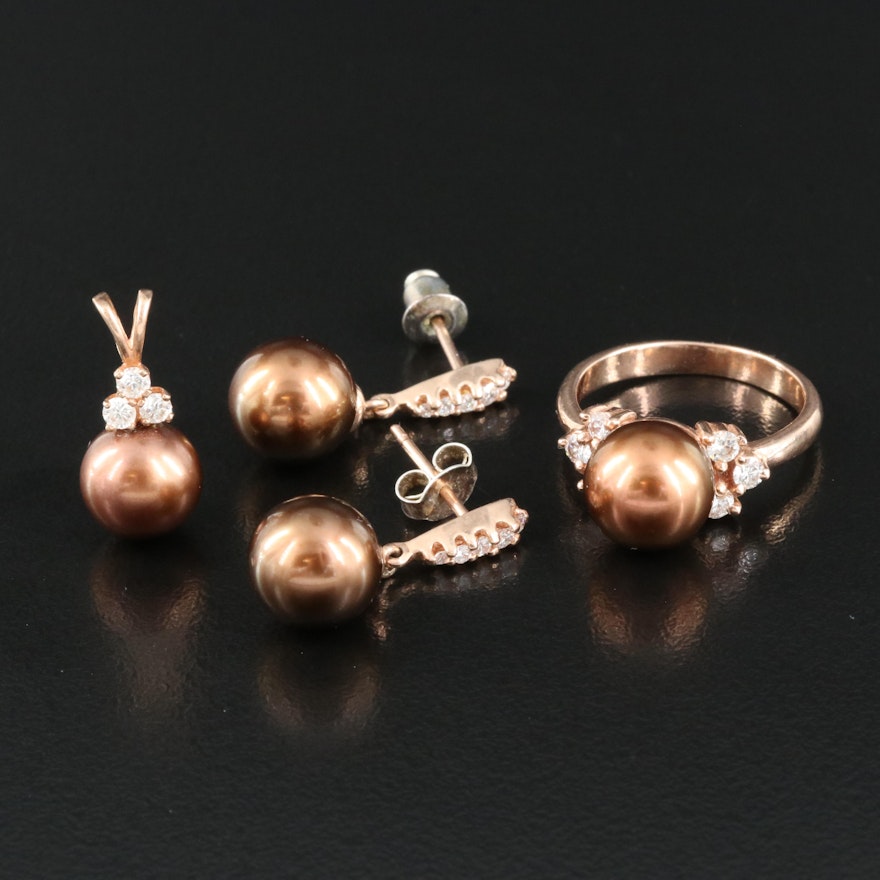14K Rose Gold Earrings Ring and Pendant Including Pearl and Diamond