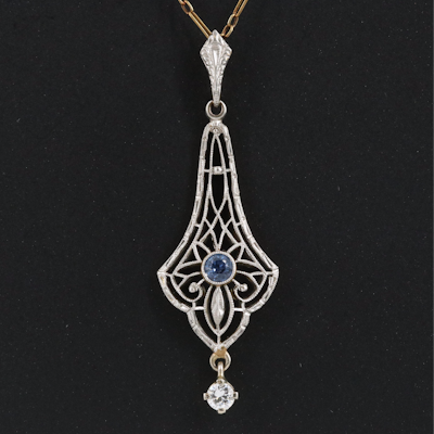 Art Deco Krementz Platinum and 14K 0.09 CTW Diamond and Sapphire Necklace