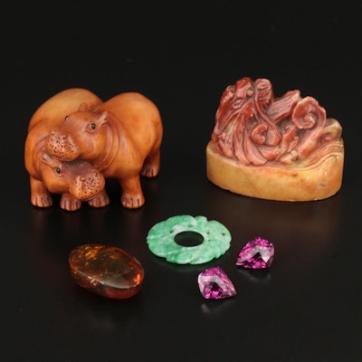 Loose Gemstones Featuring Amber and Carved Wood Hippo Netsuke
