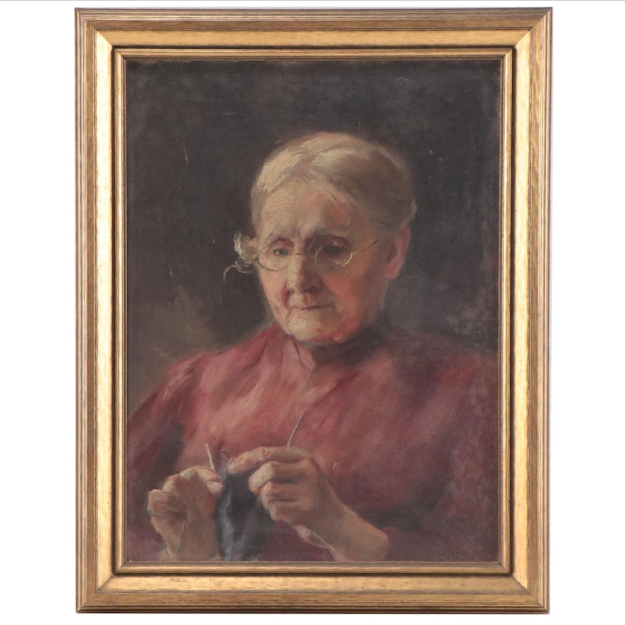 Caroline Augusta Lord  Oil Painting of Woman Knitting, Late 19th Century