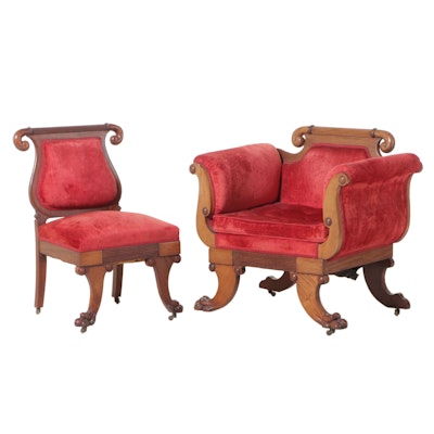 American Late Classical Walnut Parlor Arm and Side Chairs, Mid-19th Century