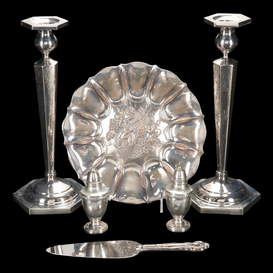 Sterling Silver Candlesticks, Salt and Pepper Shakers, Bowl, and Cake Server