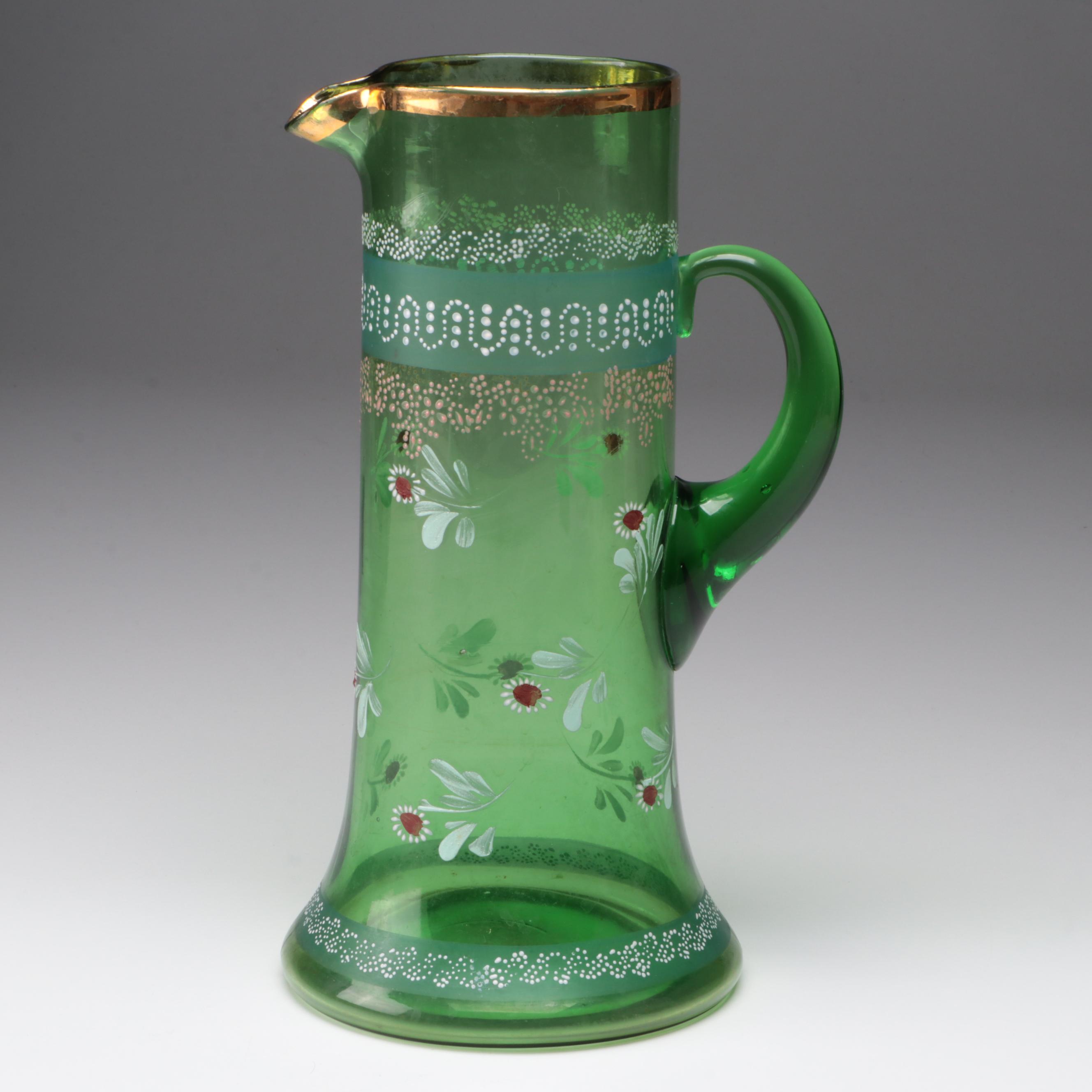 HandPainted Green Glass Pitcher and Glasses EBTH