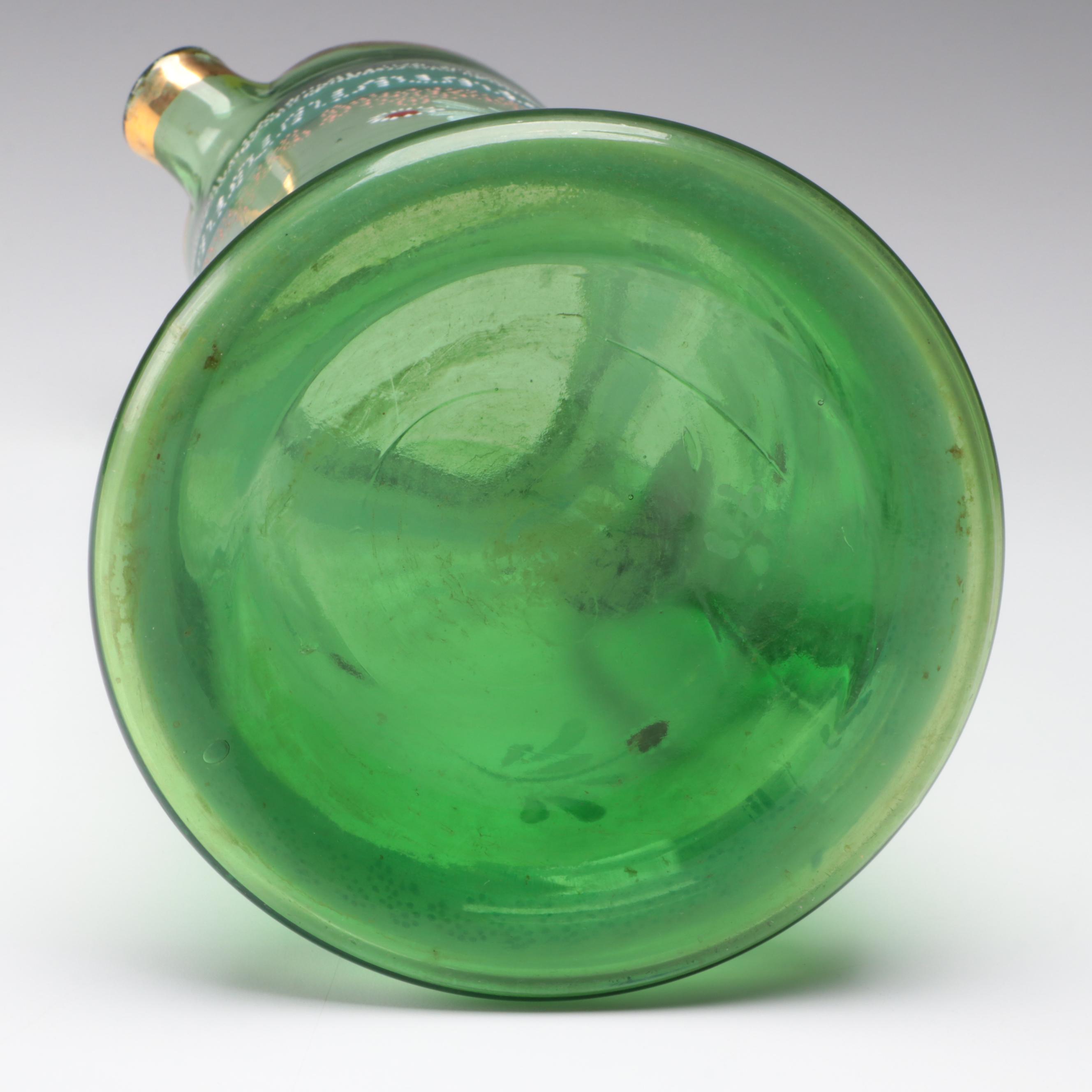 HandPainted Green Glass Pitcher and Glasses EBTH