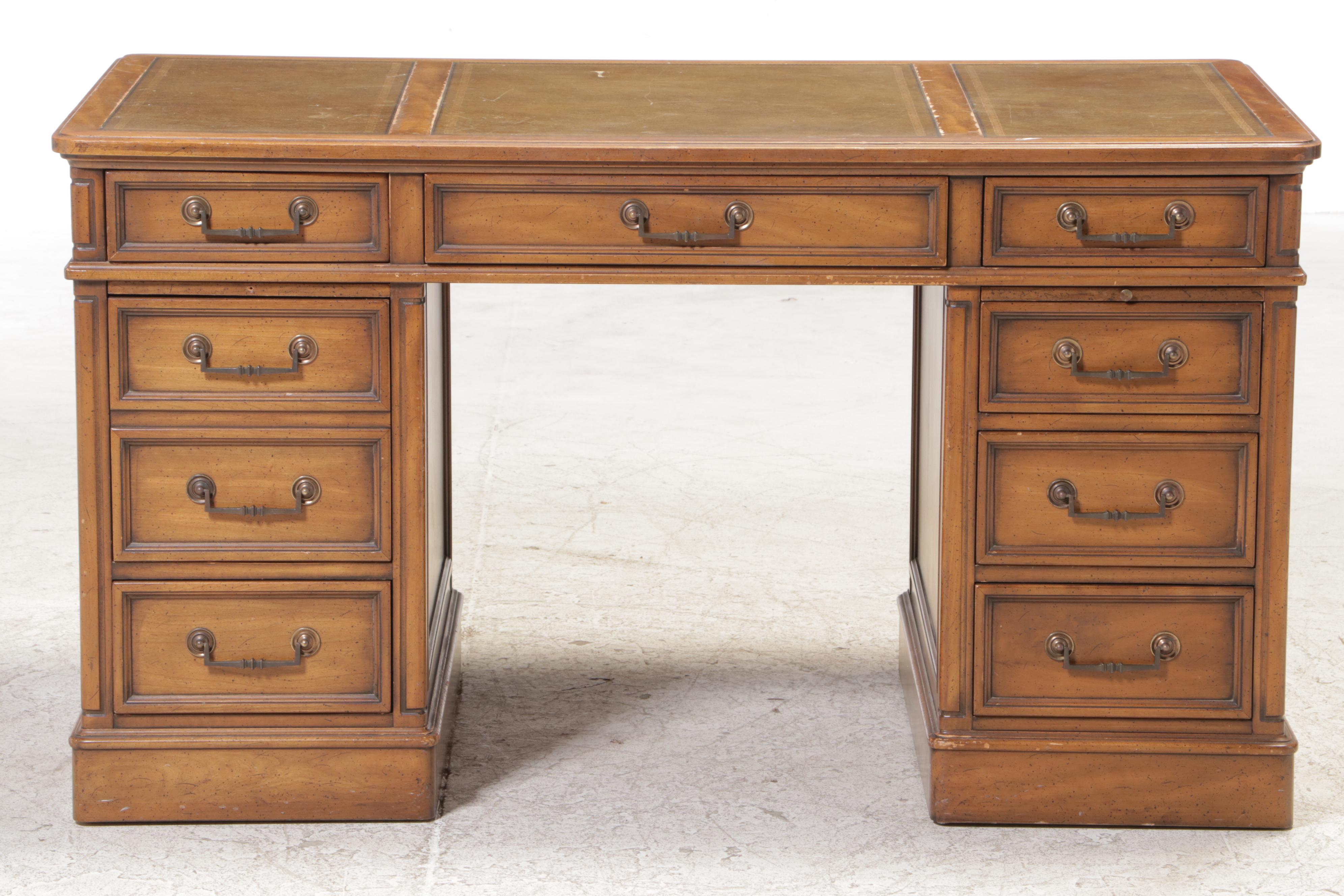Sligh & Lowry Pecan Double Pedestal Desk with Leather Top EBTH