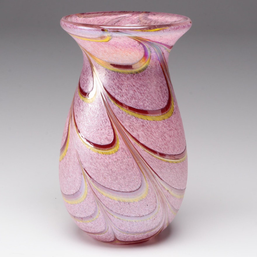 Murano Style Pink with Red and Yellow Pulled Feather Blown Art Glass Vase
