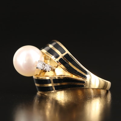 Mikimoto 18K Pearl, Diamond and Enamel Ring