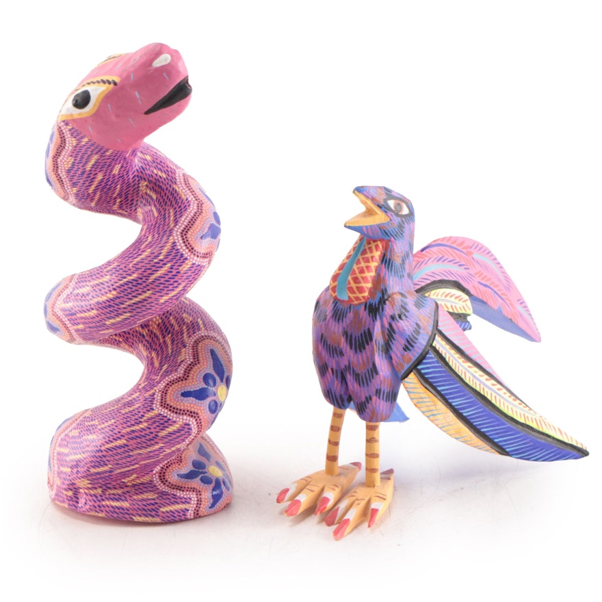 Oaxacan Folk Art Hand-Painted Wooden Animal Sculptures of Snake and Bird