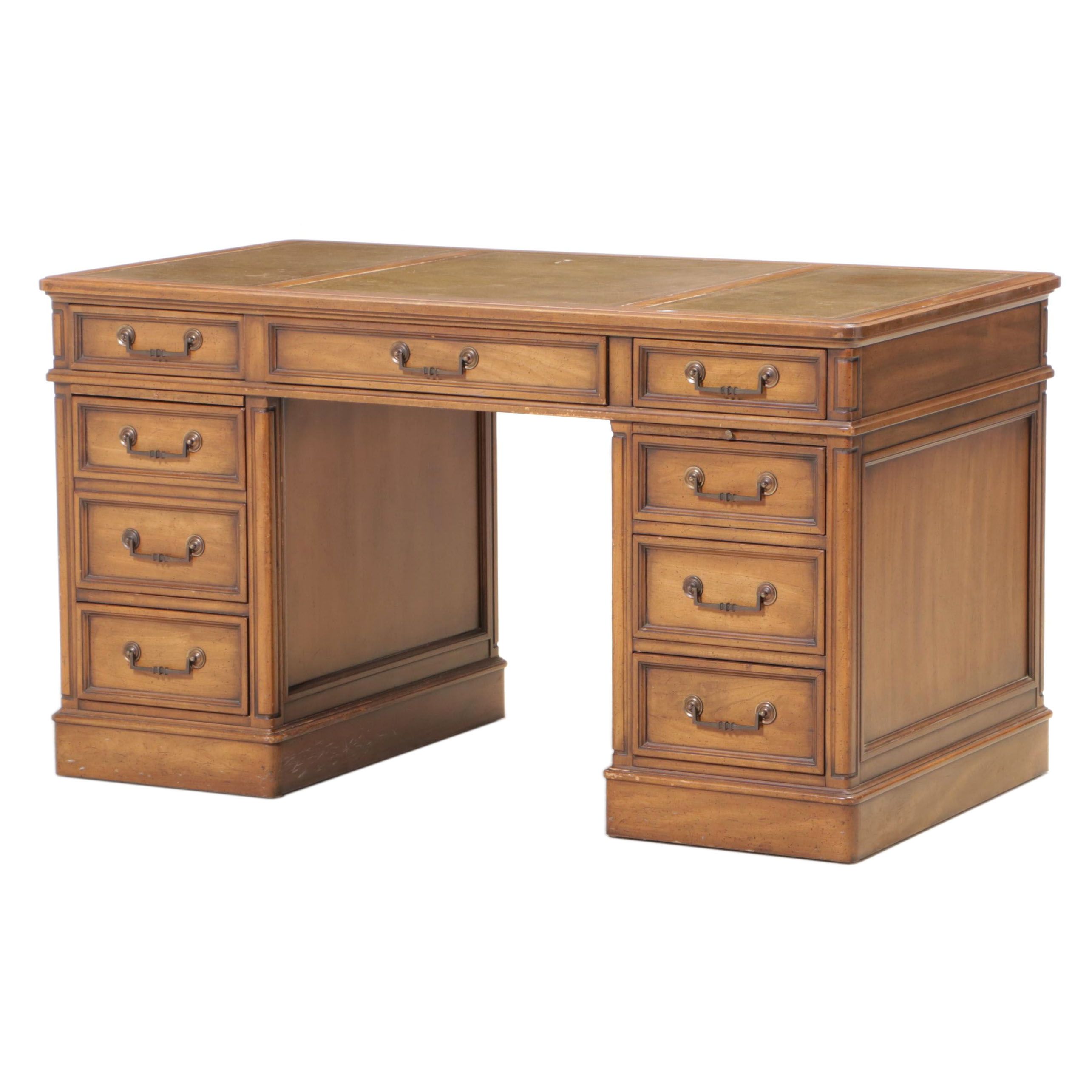 Sligh & Lowry Pecan Double Pedestal Desk with Leather Top EBTH