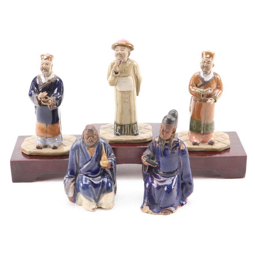 Chinese Shiwan Ware Earthenware Figurines with Wood Stand