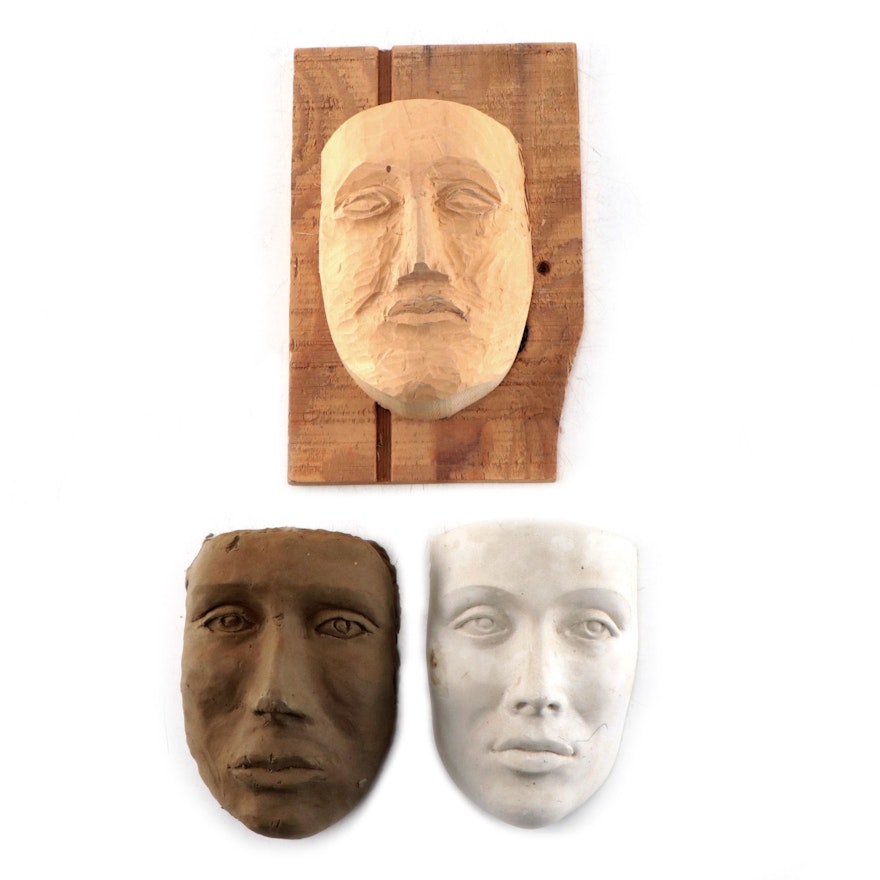 Wood, Plaster, and Clay Sculptures of Faces, Circa 1997