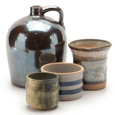 Salt Glazed Stoneware Jug and Butter Crock With Other Pottery Vessels