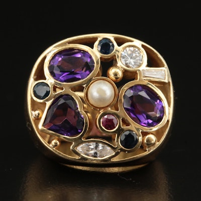 18K 0.31 CTW Diamond, Spinel, Sapphire, Amethyst and Faux Pearl Ring