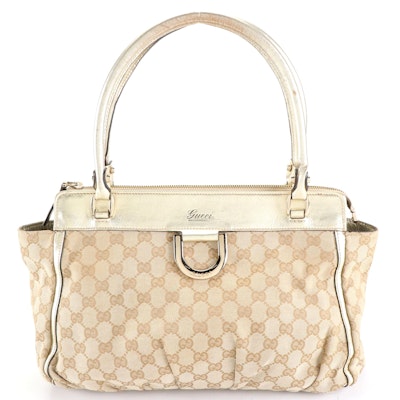 Gucci Abbey D-Ring Tote Bag in GG Canvas and Gold Metallic Leather Trim