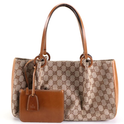 Gucci Shoulder Tote in GG Canvas and Brown Leather