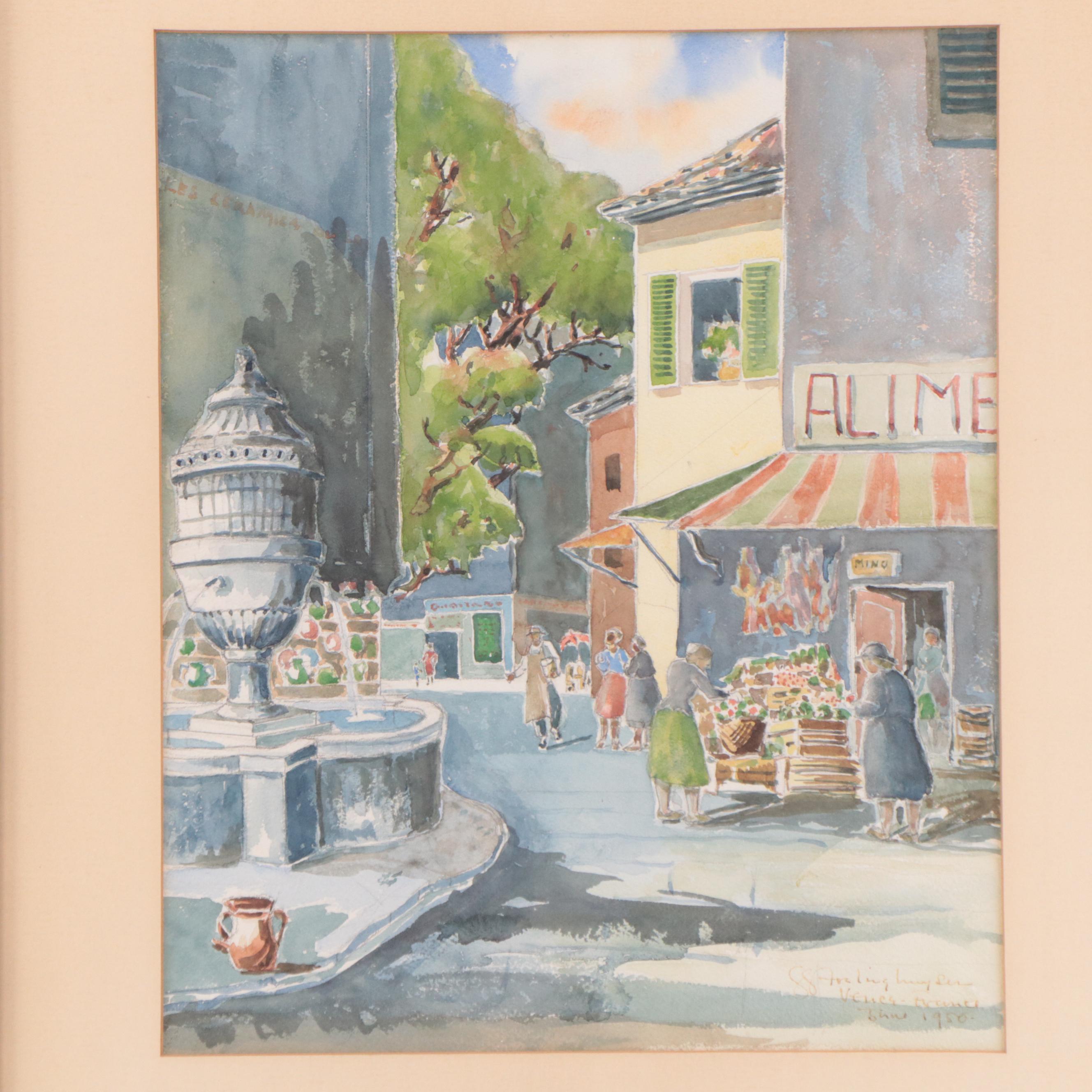Street Scene Watercolor Painting "Vence, France," 1950 EBTH