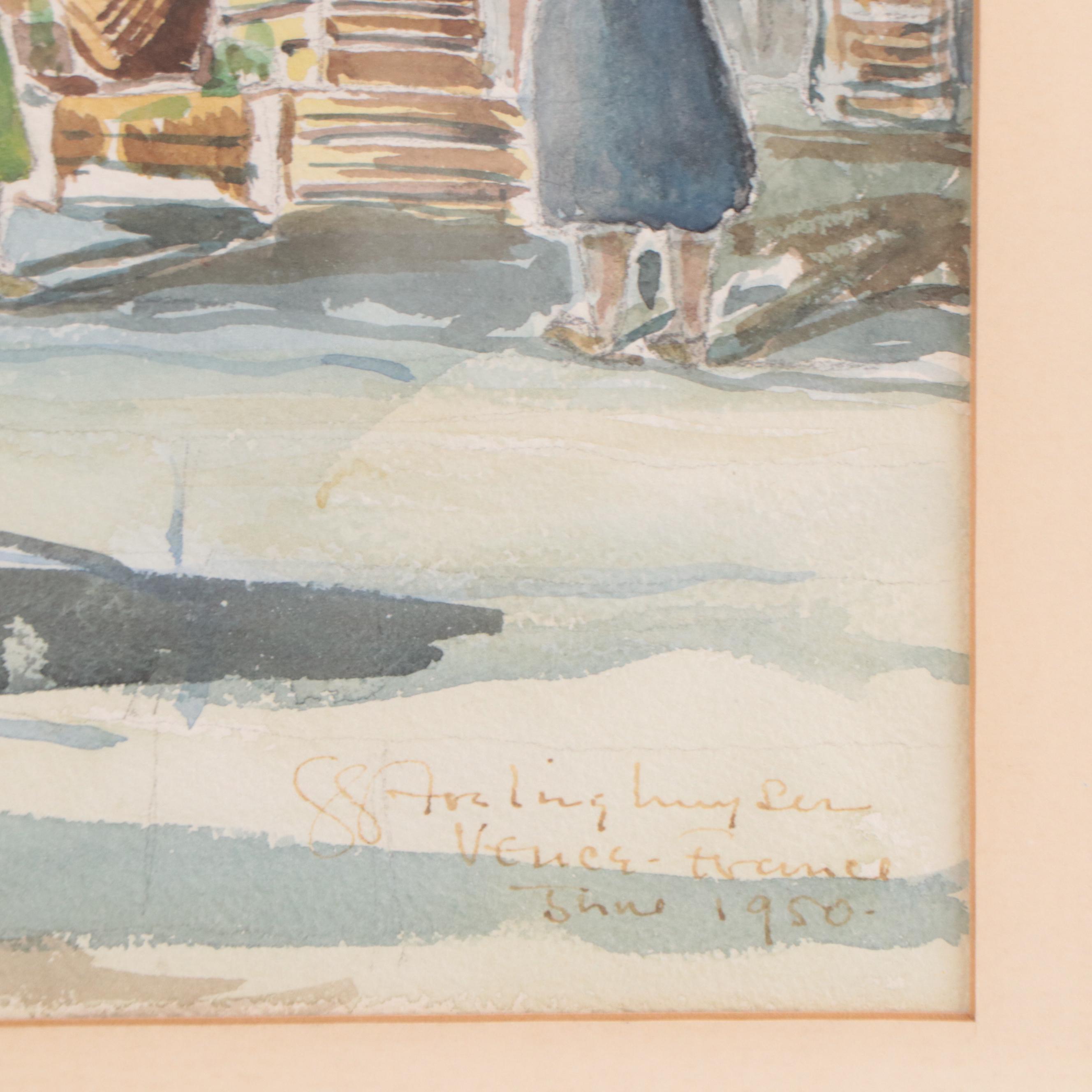 Street Scene Watercolor Painting "Vence, France," 1950 EBTH