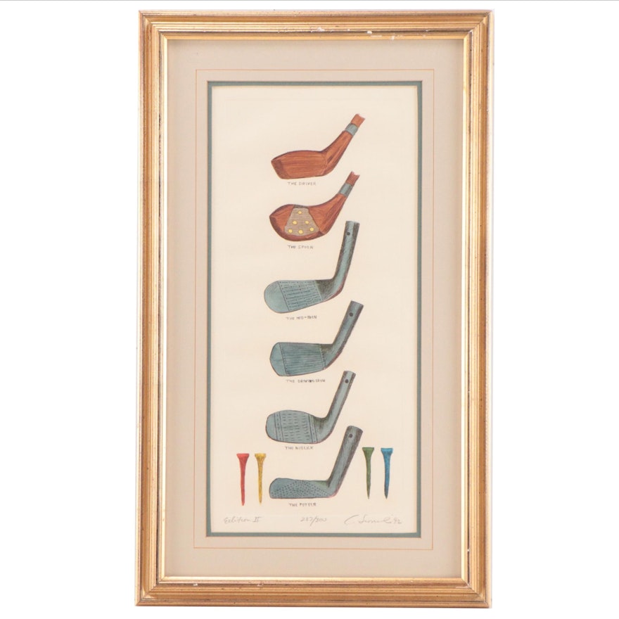 Charles Leonard Hand-Colored Etching of Golf Clubs, 1992