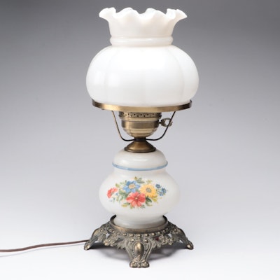 Victorian Style Hand-Painted Milk Glass and Cast Metal Parlor Lamp, Mid-20th C