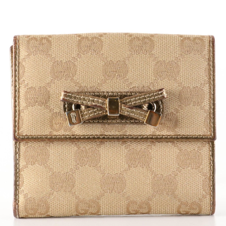 Gucci Princy Compact Wallet in GG Canvas and Metallic Cinghiale Leather