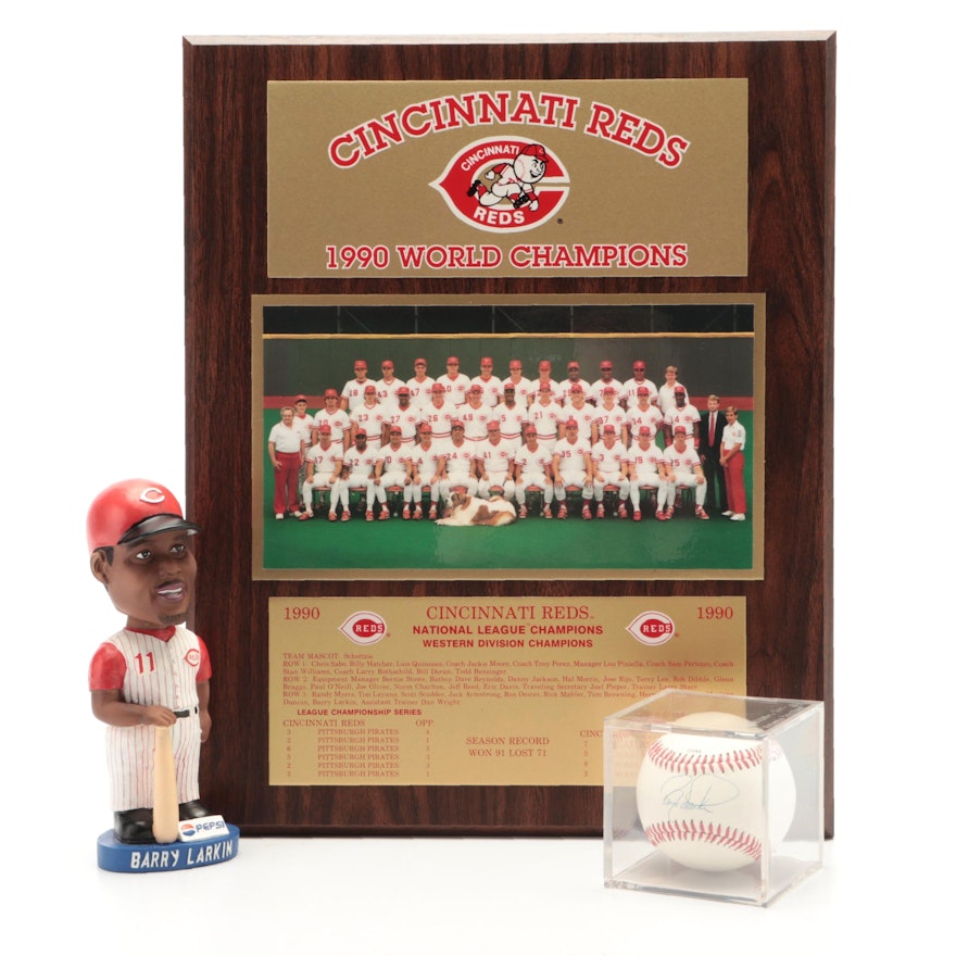 Barry Larkin Signed Baseball with Bobblehead and 1990 Cincinnati Reds Plaque